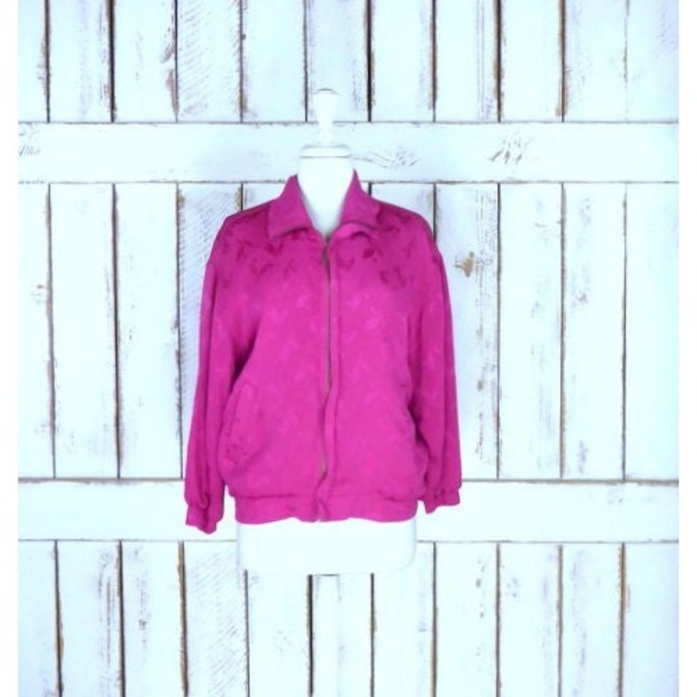 Vintage hot pink leaf print silk windbreaker jogging flight jacket/silk sports